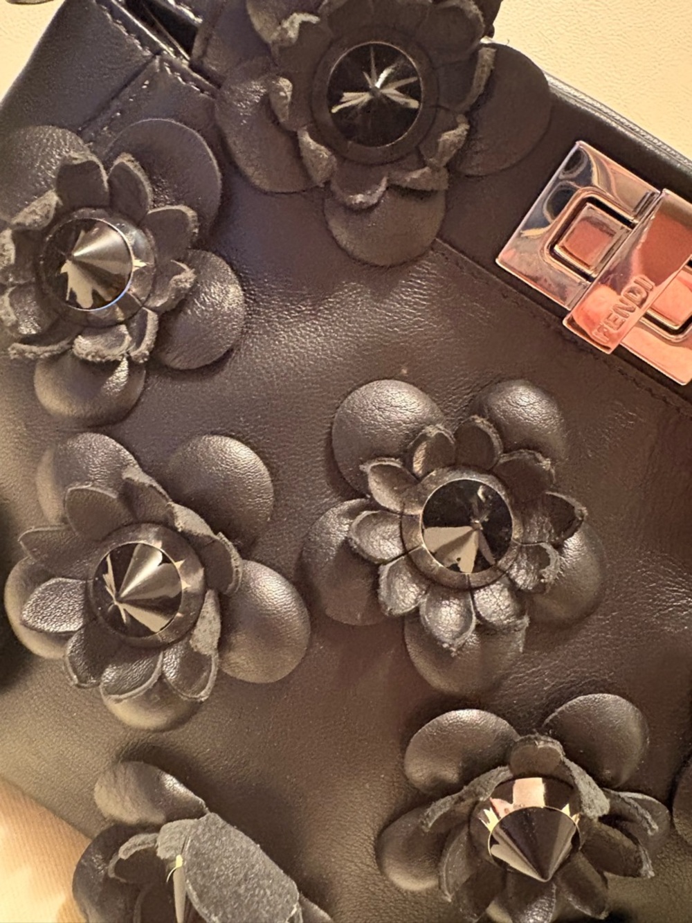Fendi Peekaboo Mini Floral Appliqué Leather Bag – Black - Picture 3 of 12